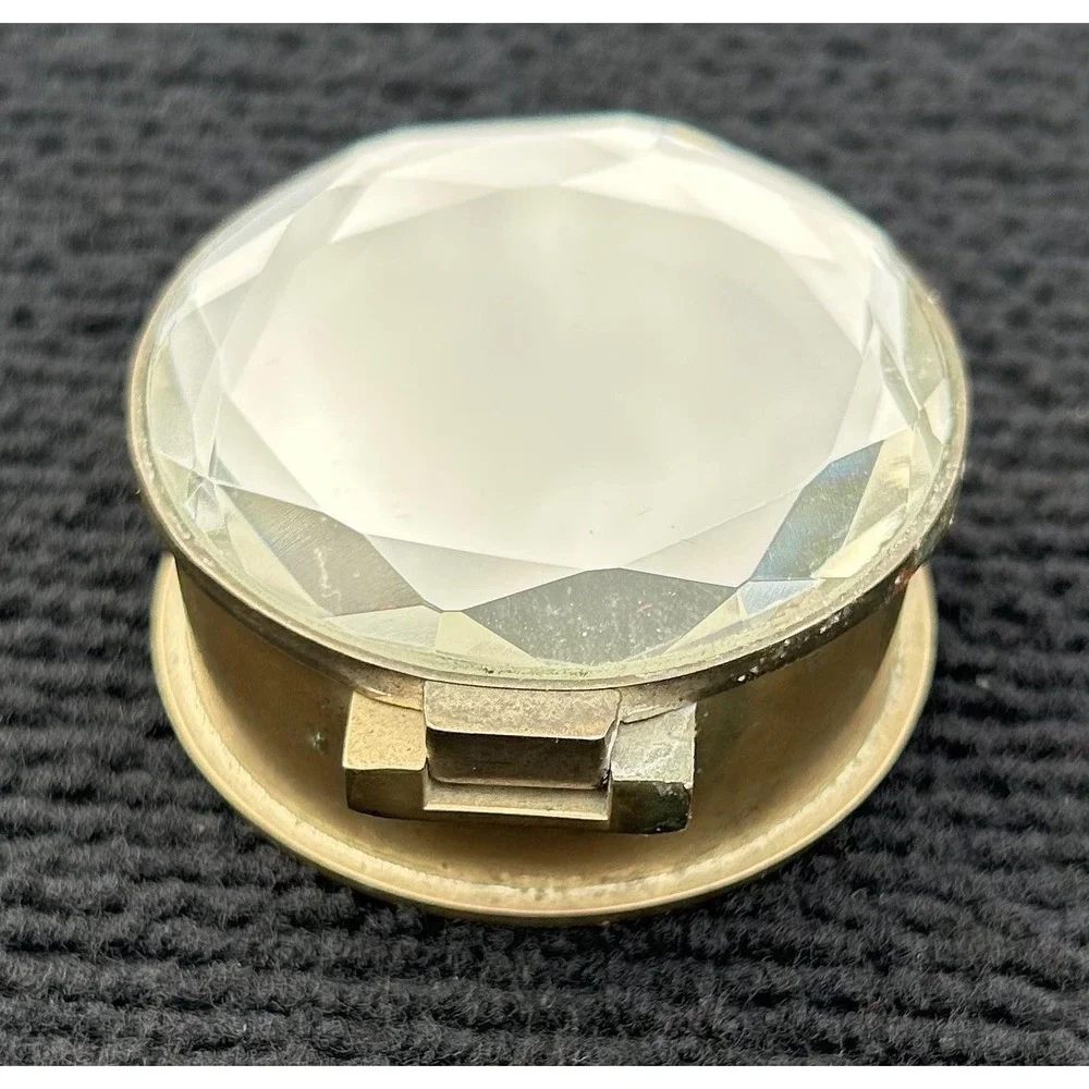 Vintage Brass Round Jewelry Ring Box‎ Faceted Glass Lid Velvet Lined Trinket Box